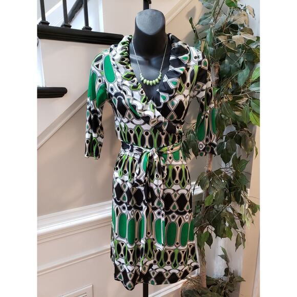 Glam Dress Wrap V-Neck Women S Multicolor Polyester Ruffle Tie Waist 3/4 Sleeve - Picture 1 of 10